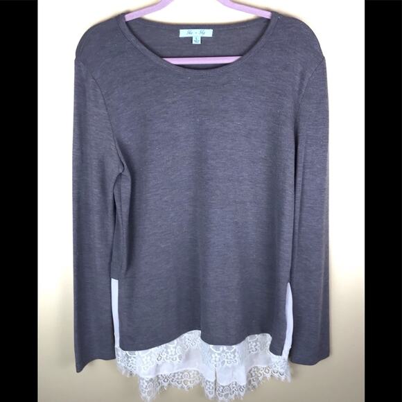 SHE + SKY Taupe Sweater Lace Hem Sz Lg - Picture 1 of 4